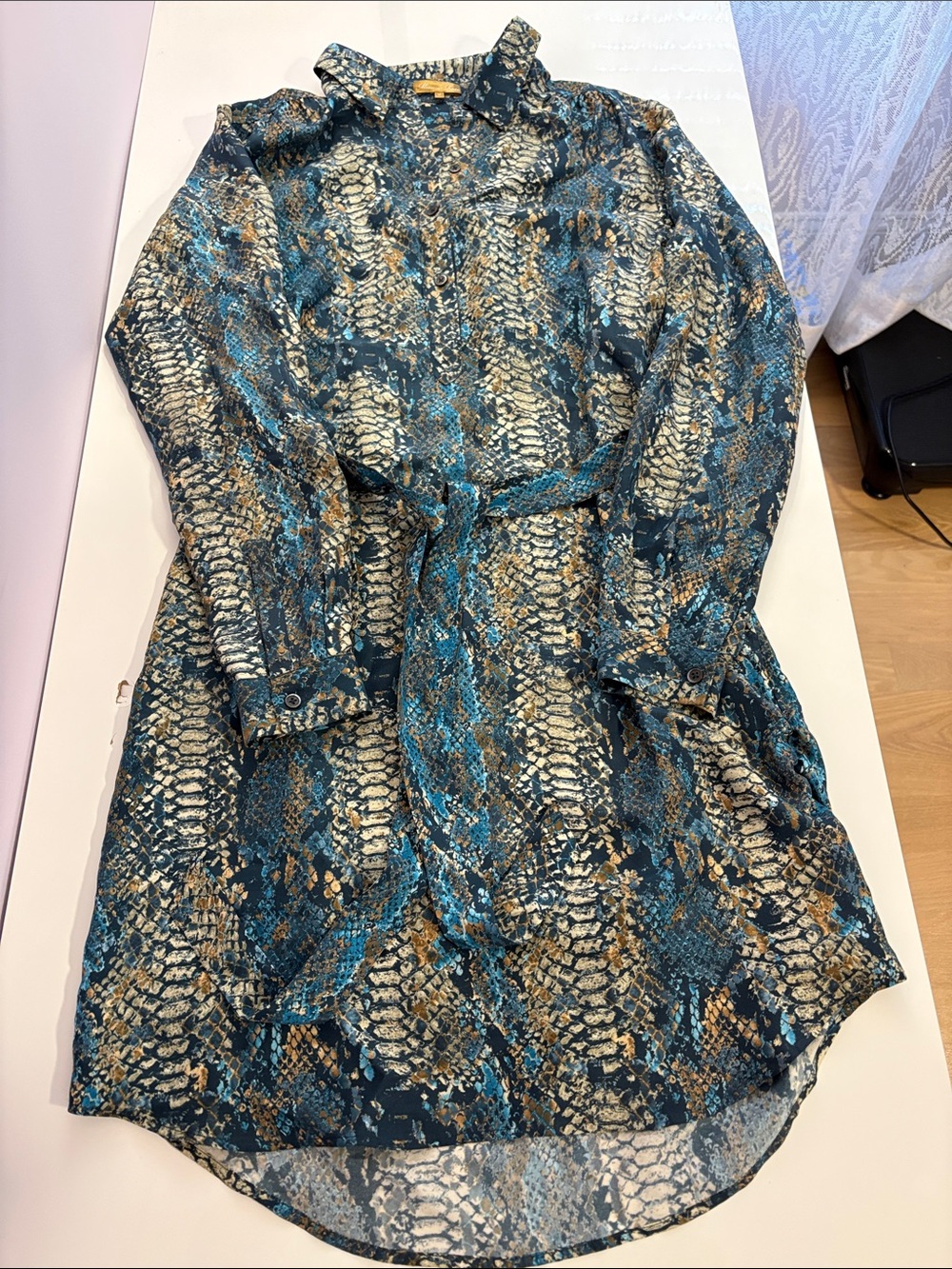 Minnie Rose Snake-Print Long Sleeve Silk Shirt Dress in Teal, Beige and Black